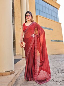 Tikhi Imli - Maroon Colored Checked Saree with Faux Diamond Border with Unstitched Blouse