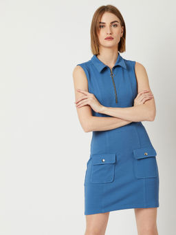 Miss Chase - Women's Azure Blue Round Neck Sleeveless Solid Front Pocketed Mini Shift Dress