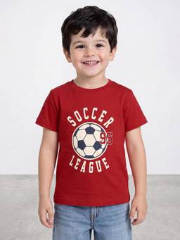 R&B - Boys Red Graphic Printed Short Sleeves Pure Cotton T-Shirt