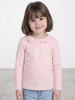 R&B - Girls Pink Ribbed Long Sleeves Lace Collar T-Shirt