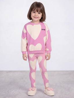 R&B - Girls Pink Round Neck Heart Print Edit Sweatshirt And Pant