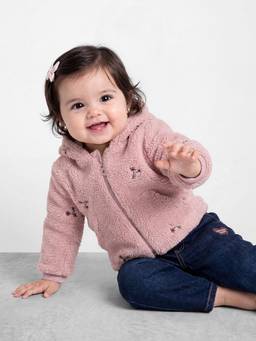 R&B - Girls Peach Floral Embroidery Full Sleeve Zip-Up Hooded Jacket