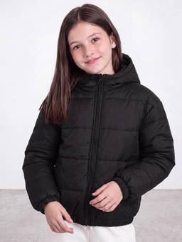 R&B - Girls Black Solid Full Sleeve Hooded Puffer Jacket