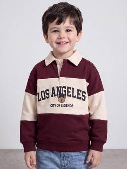 R&B - Boys Maroon Colour blocked Shirt Collar Sweatshirt