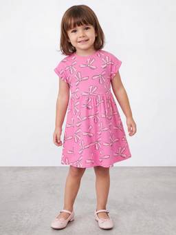 R&B - Girls Sachet Pink All Over Bow Print A-Line Knee Length Pure Cotton Dress