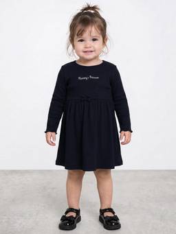 R&B - Girls Navy Blue Rib Knit Round Neck Long Sleeves A-Line Knee Length Dress