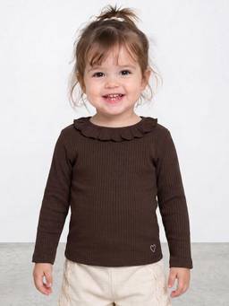 R&B - Girls Brown Ribbed Long Sleeves Peter Pan Collar T-Shirt