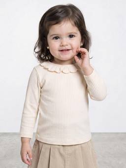 R&B - Girls Ivory Ribbed Long Sleeves Peter Pan Collar T-Shirt