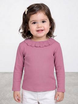 R&B - Girls Dusty Pink Ribbed Long Sleeves Peter Pan Collar T-Shirt