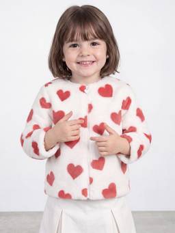 R&B - Girls Off White Heart Print Round Neck Zip Up Jacket
