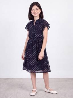 R&B - Girls Navy Blue All Over Floral Print Mandarin Collar A-Line Knee Length Dress