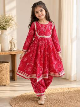 Rangi Saga - Girls Red Bandhej Print Anarkali Kurta With Afghani Salwar