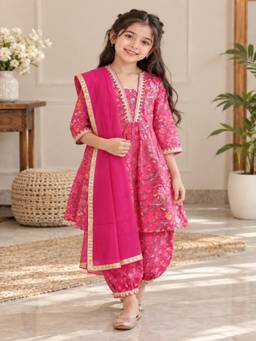Rangi Saga - Girls Pink Floral Anarkali Kurta Afghani Salwar And Dupatta