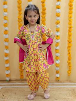 Rangi Saga - Girls Mustard Floral Anarkali Kurta Afghani Salwar And Dupatta