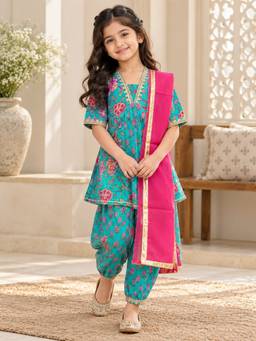 Rangi Saga - Girls Sea Green Floral Anarkali Kurta Afghani Salwar And Dupatta
