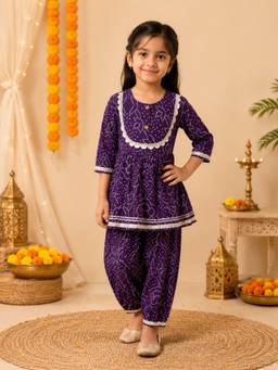 Rangi Saga - Girls Purple Cambric Cotton Bandhej Anarkali With Afghani Salwar