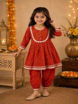 Rangi Saga - Girls Rust Bandhej Anarkali Kurta And Afghani Salwar