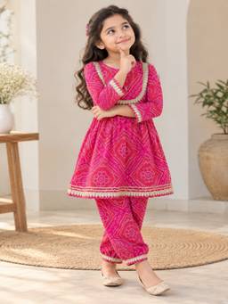 Rangi Saga - Girls Rani Pink Bandhej Anarkali Kurta And Afghani Salwar