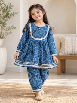 Rangi Saga - Girls Navy Blue Bandhej Anarkali Kurta And Afghani Salwar