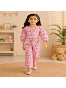 Rangi Saga - Girls Pink Ikat Print Cambric Cotton Co-Ord Set