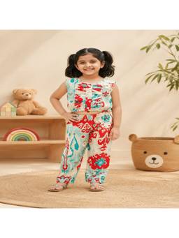 Rangi Saga - Girls Blue And Red Digital Print Cotton Co-Ord Set
