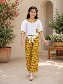 Rangi Saga - Girls Mustard Auto Print Cotton Co-Ord Set