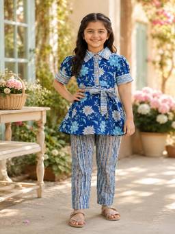 Rangi Saga - Girls Blue Floral Print Cotton Co-Ord Set