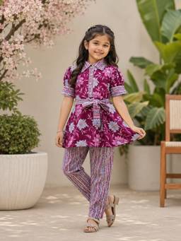 Rangi Saga - Girls Wine Floral Print Cotton Co-Ord Set