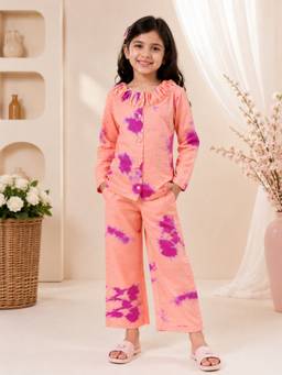 Rangi Saga - Girls Peach Pink Marble Tie-Dye Silk Co-Ord Set