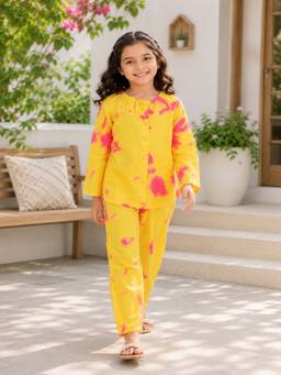 Rangi Saga - Girls Yellow Pink Marble Tie-Dye Silk Co-Ord Set