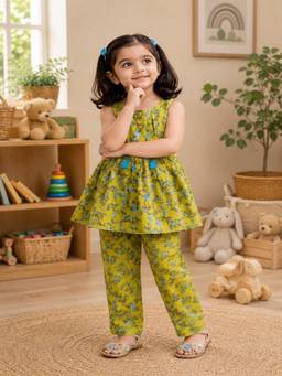 Rangi Saga - Girls Olive Green Floral Print Cotton Co-Ord Set