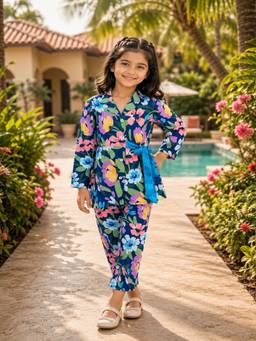 Rangi Saga - Girls Blue Floral Print Cotton Co-Ord Set