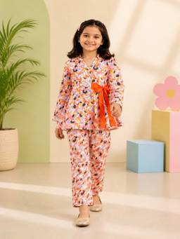 Rangi Saga - Girls Orange Floral Print Cotton Co-Ord Set