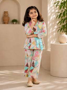 Rangi Saga - Girls Peach Geometric Print Cotton Co-Ord Set