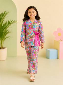 Rangi Saga - Girls Pink Tropical Print Cotton Co-Ord Set