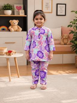 Rangi Saga - Girls Lavender Floral Print Cotton Co-Ord Set