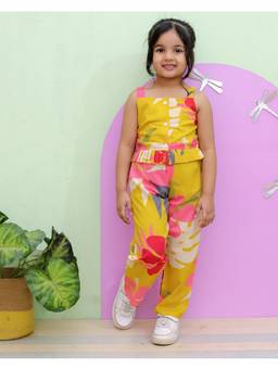 Rangi Saga - Girls Mustard Tropical Floral Print Cotton Co-Ord Set