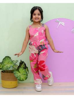 Rangi Saga - Girls Pink Tropical Floral Print Cotton Co-Ord Set