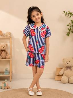 Rangi Saga - Girls Purple Striped Fruit Print Shirt With Shorts