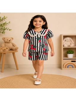 Rangi Saga - Girls Black Striped Fruit Print Shirt With Shorts