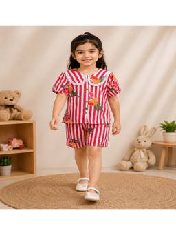 Rangi Saga - Girls Red Striped Fruit Print Shirt With Shorts
