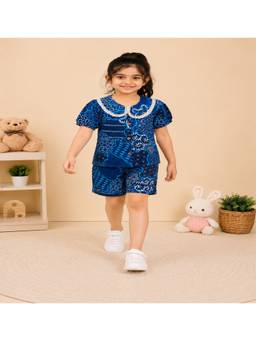 Rangi Saga - Girls Navy Blue Abstract Print Shirt With Shorts