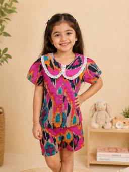 Rangi Saga - Girls Pink Ikkat Print Shirt With Shorts
