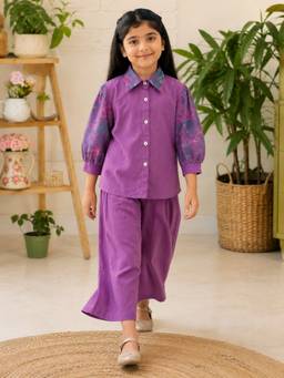 Rangi Saga - Girls Lavender Embroidered Khadi Cotton Co-Ord Set