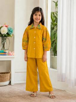 Rangi Saga - Girls Mustard Embroidered Khadi Cotton Co-Ord Set