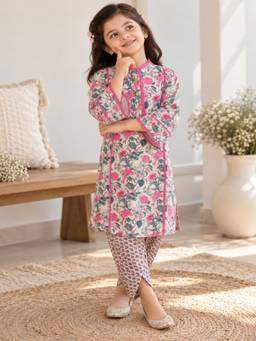 Rangi Saga - Girls Pink Floral Print Straight Kurta With Dhoti