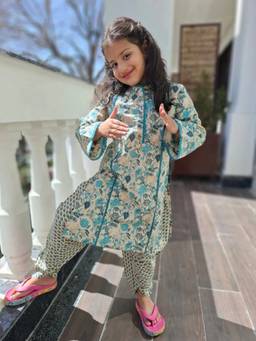 Rangi Saga - Girls Teal Blue Floral Print Straight Kurta With Dhoti