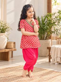Rangi Saga - Girls Red Lotus Booti Angrakha Kurta With Dhoti