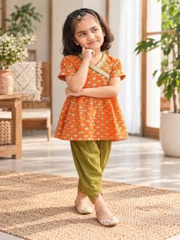 Rangi Saga - Girls Orange And Green Lotus Booti Angrakha Kurta With Dhoti