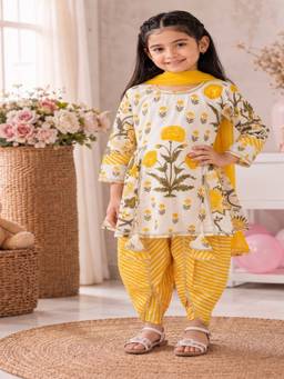 Rangi Saga - Girls Yellow Mughal Boota Side Tie-Up Kurta With Dhoti